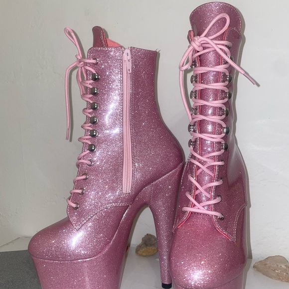Pleaser Pink Glitter Lace-Up Platform Ankle Boots - Picture 6 of 6